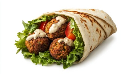 A perfectly assembled falafel wrap with a soft pita, crispy falafel balls, fresh lettuce