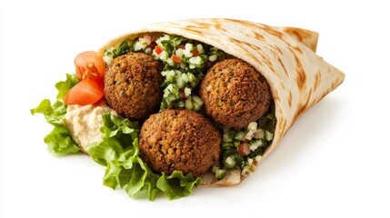 A perfectly assembled falafel wrap with homemade falafel balls, hummus, tabbouleh