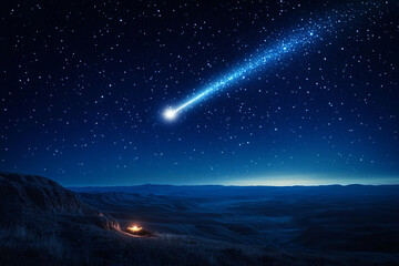 A serene night sky illuminated by a comet, ideal for Christmas-themed designs or religious reflections on the Nativity, capturing a tranquil cosmic scene.