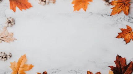 Autumnal Frame on Marble: A charming autumnal border composed of vibrant maple leaves and delicate natural elements on a sleek marble background, perfect for seasonal designs and announcements. 