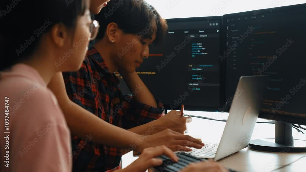 Poster slow motion back end software developer engineer for computer programming working together on debugg