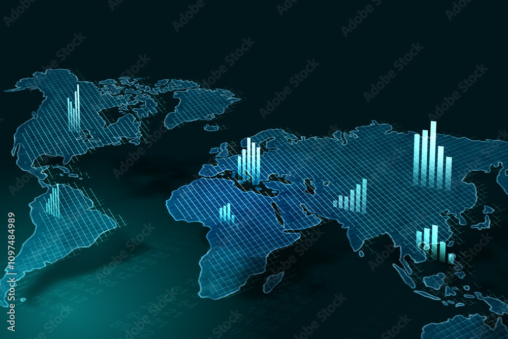 Poster world economy concept with perspective view on digital graphic world map with financial graphs on al
