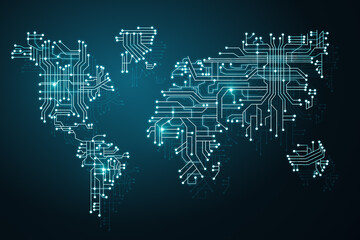Mining and worldwide internet technologies concept with front view on digital graphic world map made from circuit on abstract dark background. 3D rendering
