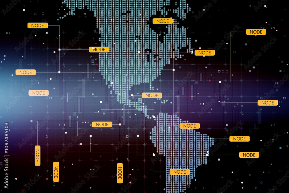 Leinwandbilder Software system technologies and research concept with digital yellow node buttons on dark background with world map. 3D rendering