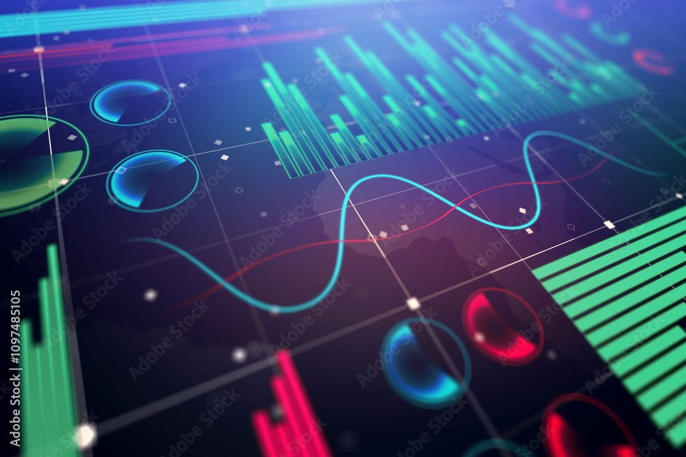 Aufkleber perspective view on infographic chart with digital graphs, diagram and indicators on dark background