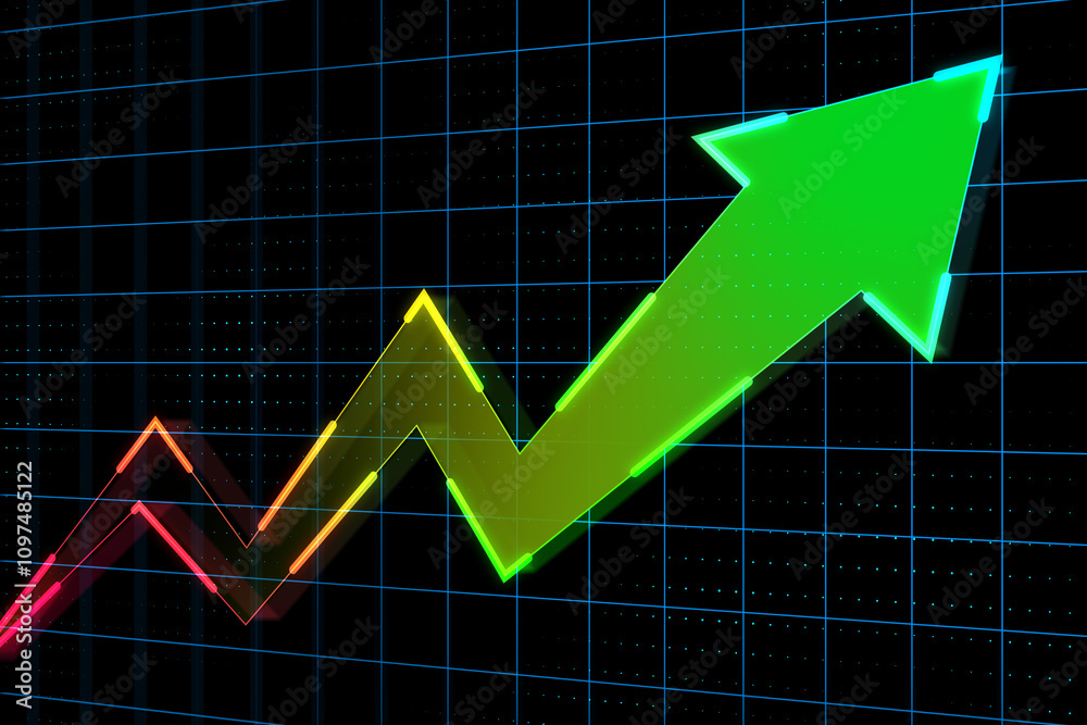 Poster Success and growth concept with digital green and red graphic moving up arrow perspective view on dark squared background. 3D rendering