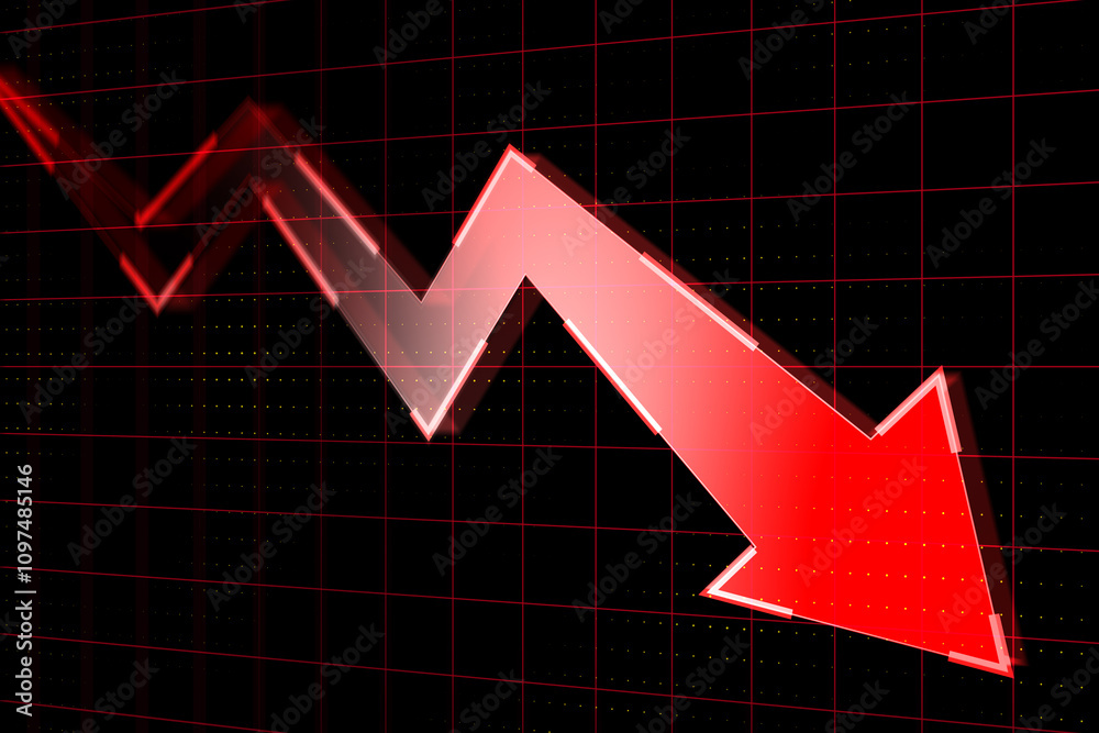 Poster Crisis and bearish market concept with perspective view on digital graphic falling red arrow on dark technological background. 3D rendering