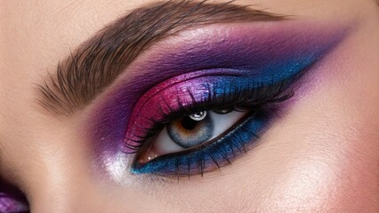 Obraz premium A vivid closeup showcases an eye with a bold blend of rich purples and deep blues. The reflective makeup captures light giving the eyelids an otherworldly glow that draws immediate