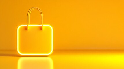 Neon Shopping Bag:  A glowing neon shopping bag against a bright yellow background. The bag is a symbol of online shopping, consumerism and retail therapy.