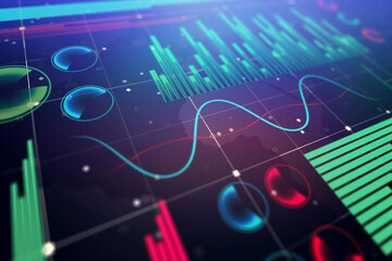 Perspective view on infographic chart with digital graphs, diagram and indicators on dark background, business analysis concept. 3D rendering