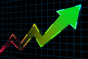 Success and growth concept with digital green and red graphic moving up arrow perspective view on dark squared background. 3D rendering