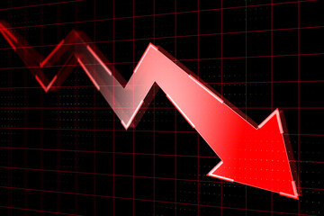 Crisis and bearish market concept with perspective view on digital graphic falling red arrow on dark technological background. 3D rendering