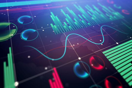 Perspective view on infographic chart with digital graphs, diagram and indicators on dark background, business analysis concept. 3D rendering
