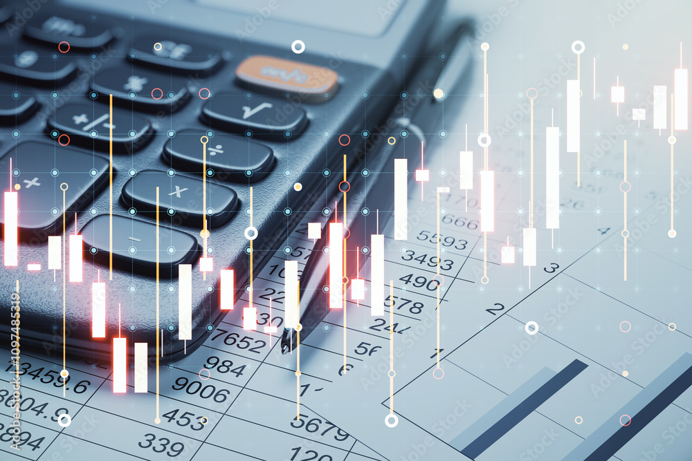 Aufkleber calculator with financial charts overlayed on a spreadsheet background, symbolizing finance and data