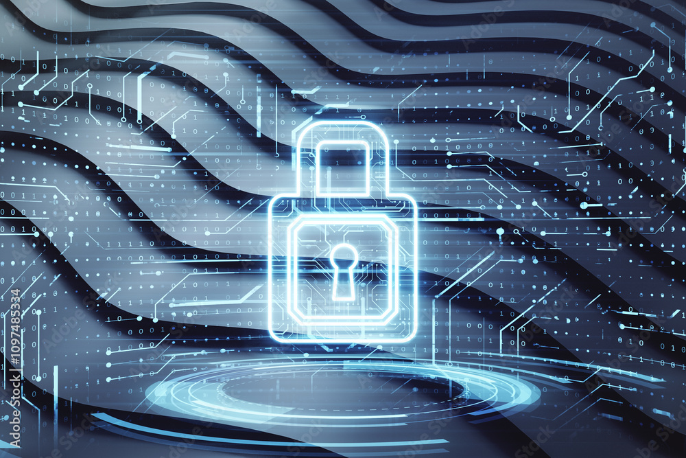 Poster Glowing digital padlock with binary code background, concept of cybersecurity and data protection.