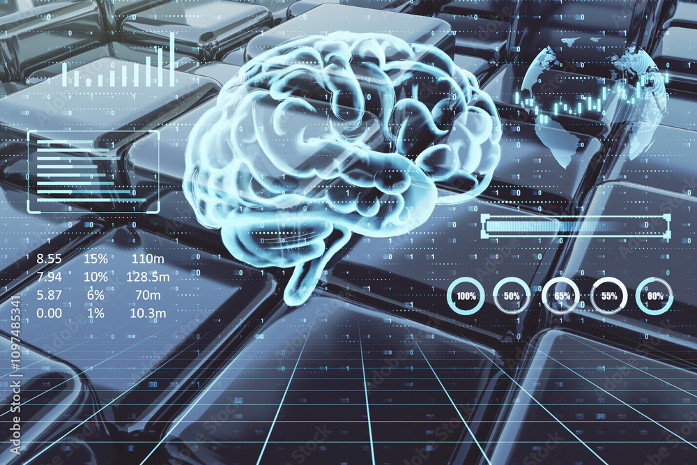 Aufkleber Futuristic brain hologram with data visualization on technology background.