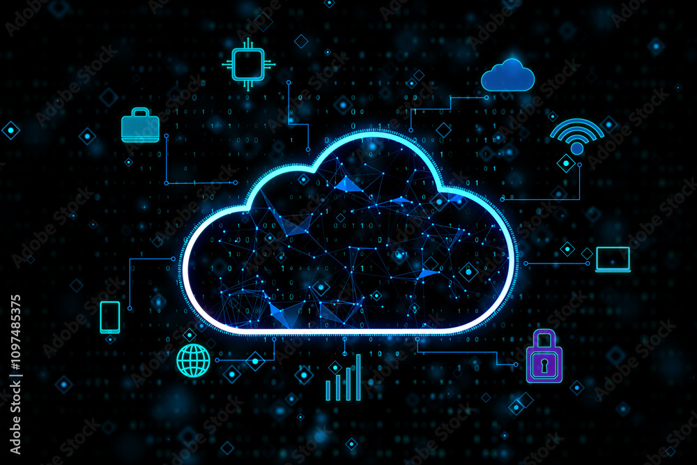 Poster Digital service or data application concept with bright digital cloud icon surrounded by social symbols on dark background. 3D rendering