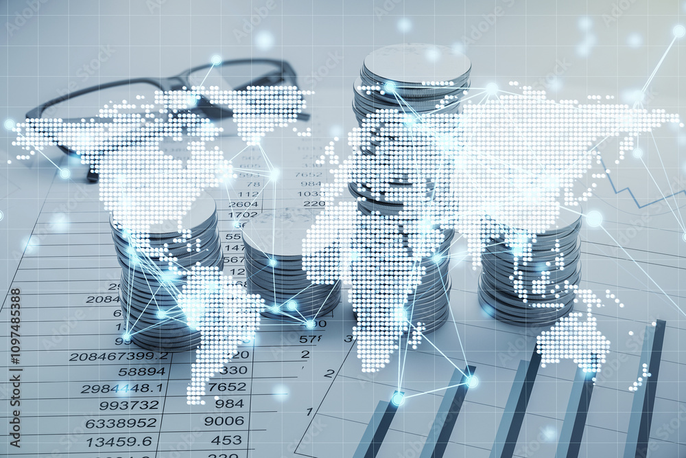 Aufkleber global financial network concept with a world map overlay on coins and documents.