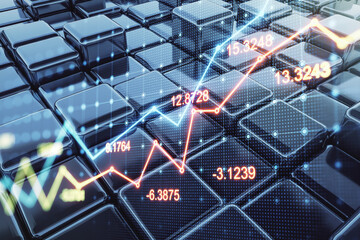 Financial growth graph overlay on futuristic digital surface with glowing data points and numbers.