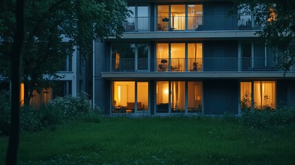 Modern apartment building at night, illuminated windows, green lawn.