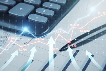 Financial data overlay with calculator and pen background, depicting business analysis and growth trends.