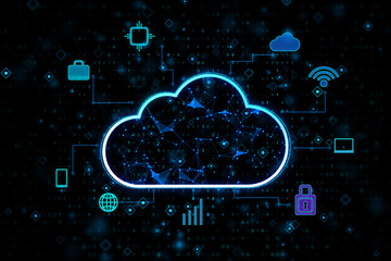 Digital service or data application concept with bright digital cloud icon surrounded by social...
