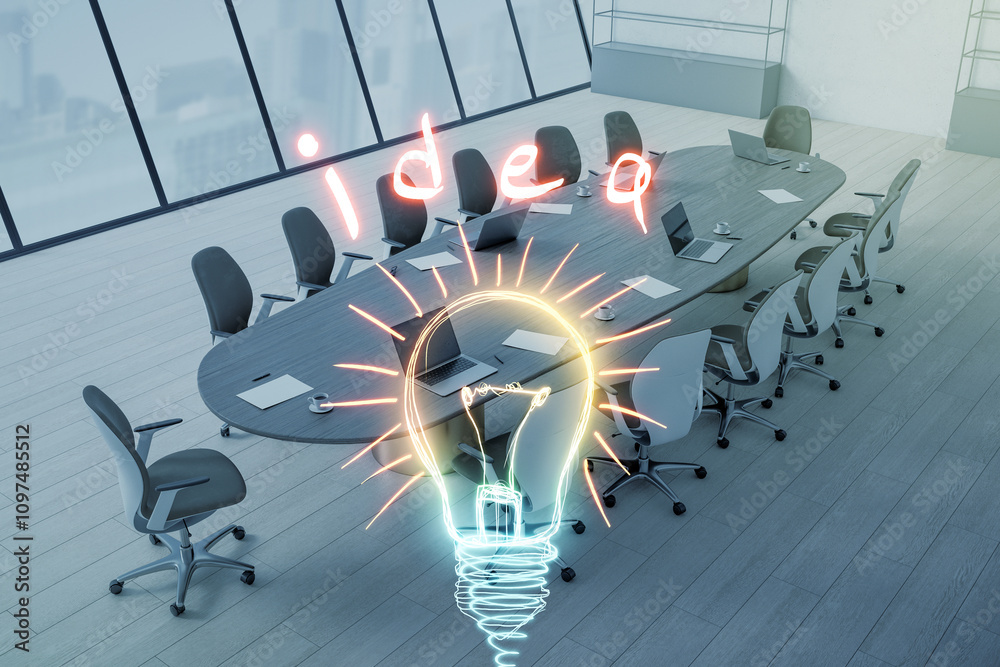 Aufkleber Modern conference room with abstract glowing lightbulb concept and 