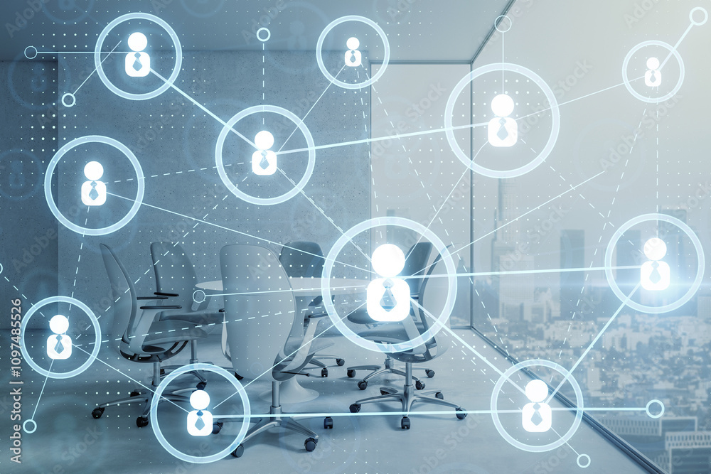 Aufkleber Abstract network connections overlaying an office background showing digital communication and corporate networking concept.