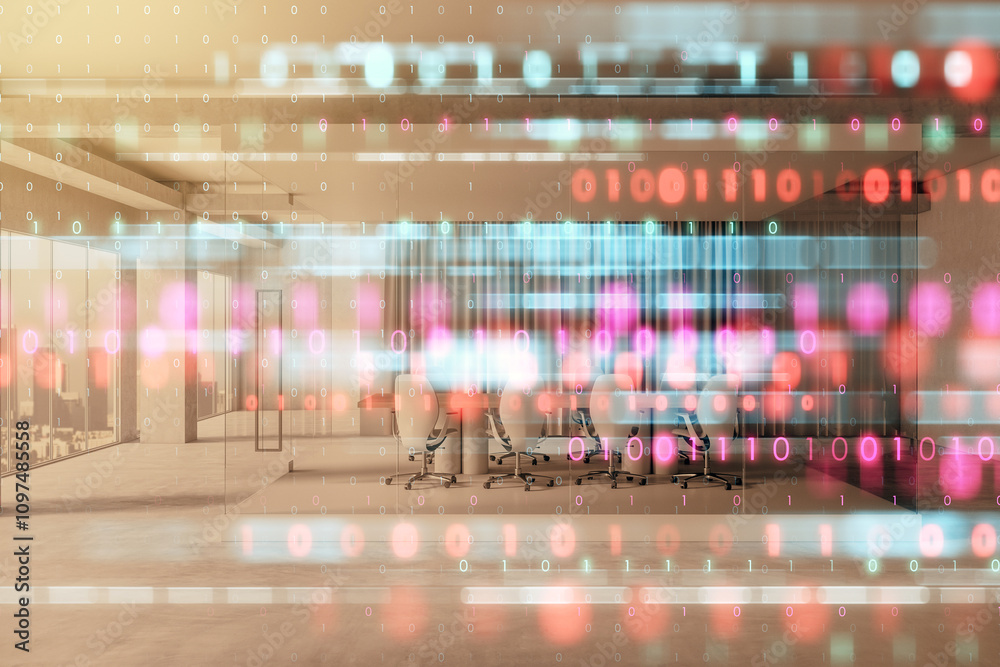 Aufkleber Abstract overlay of binary code with modern office interior background, combining technology and workspace themes.