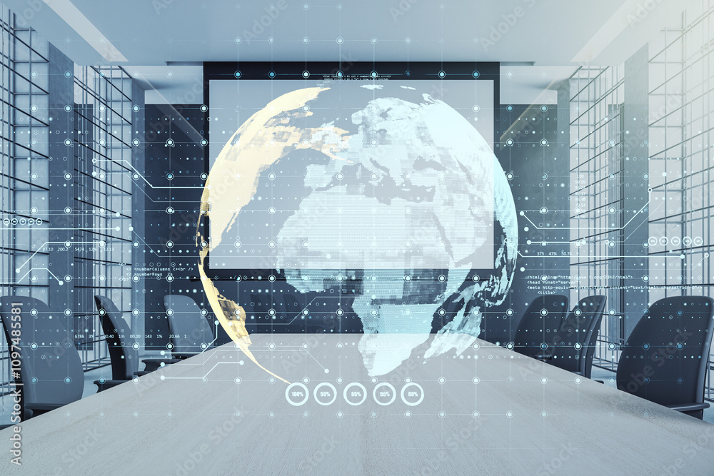 Aufkleber Digital globe overlay in modern conference room with technological interface background.