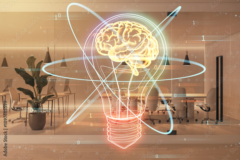 Poster brain and light bulb concept blending with modern office space, illustrating innovation and technolo