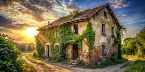 Obraz premium Abandoned Farmhouse at Sunset, Overgrown with Vines and Bathed in Golden Light
