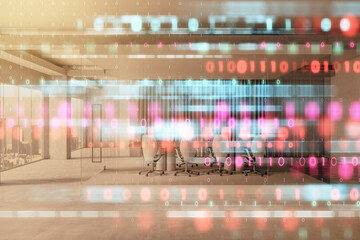 Abstract overlay of binary code with modern office interior background, combining technology and workspace themes.