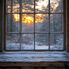 Fototapeta premium Frosty Window Winter Sunrise Forest View