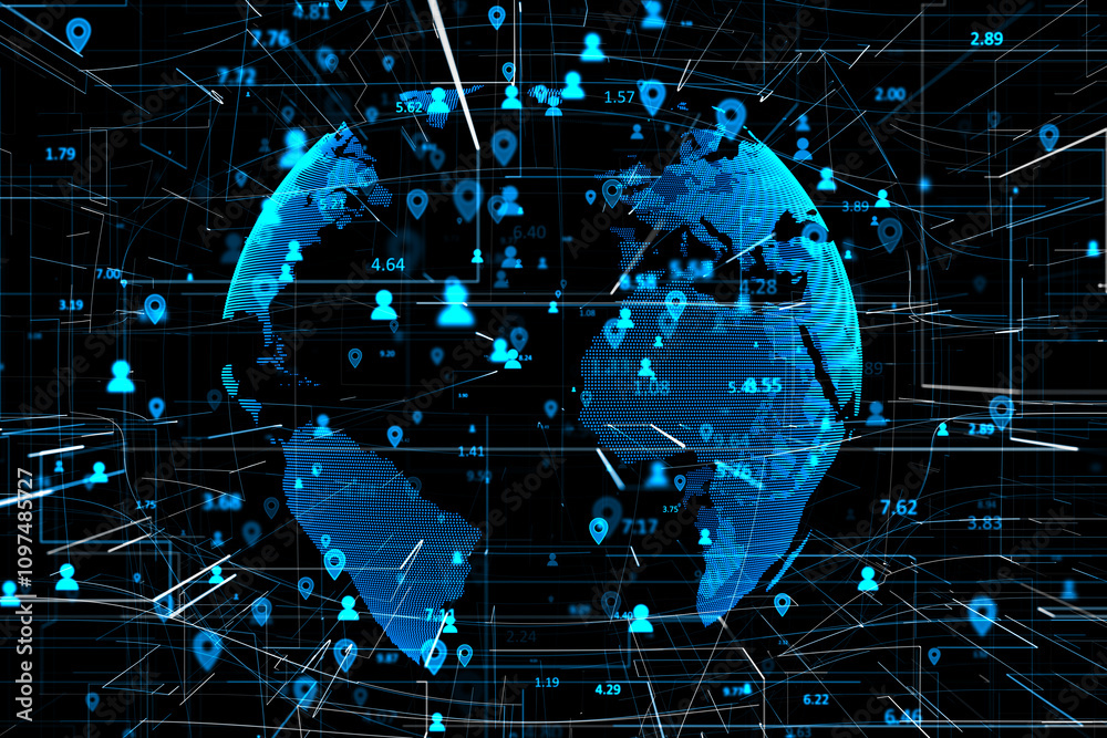 Poster Global location, geolocation and navigation concept with stats data information, pin marks and user icons on world map globe background. 3D rendering