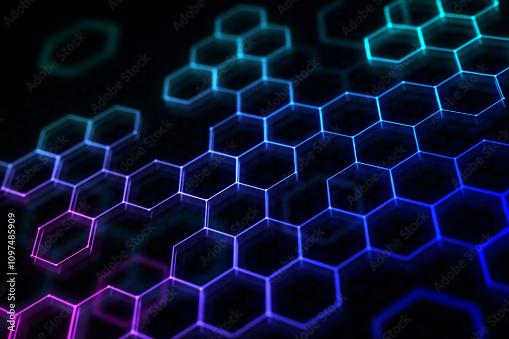 Poster Abstract dark technological background with colorful hexagon grid perspective view. 3D rendering