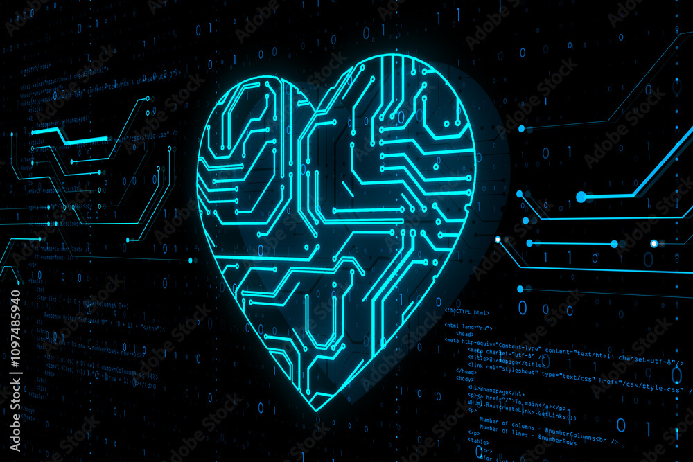 Poster Innovation and healthcare concept with digital blue microcircuit in heart form on dark technological background with coding numbers. 3D rendering