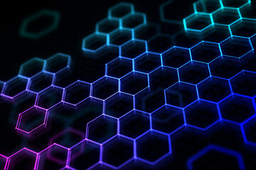 Abstract dark technological background with colorful hexagon grid perspective view. 3D rendering
