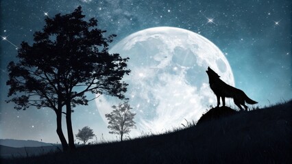 A clearing filled with soft grass where a lone wolfcostumed figure stands majestically howling towards the bright full moon.