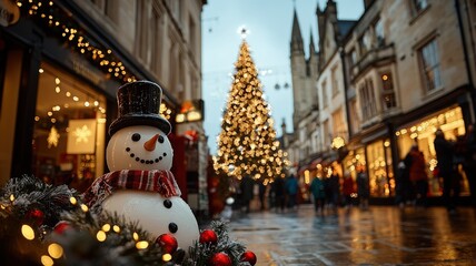 A festive scene featuring a snowman and a beautifully lit Christmas tree in a charming street adorned with holiday decorations.