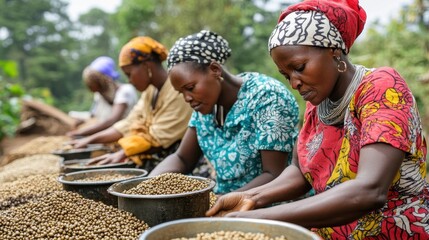 Women sort coffee beans in baskets. Shows agricultural labor & coffee production.