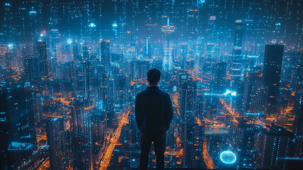 View of a futuristic city skyline at night with glowing lights and digital effects
