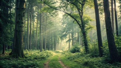 Obraz premium Vintage-style illustration of a forest, foliage, forest landscape, nature scene, whimsical art, tree silhouettes