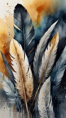 Elegant Feather Watercolor Art in Gold and Blue Tone