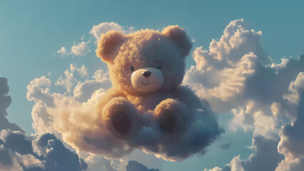 A massive cloud shaped like a cute teddy bear drifts across the sky, its fluffy edges softly illuminated by moderate light, set against a muted blue background with faint streaks of wispy clouds, ultr