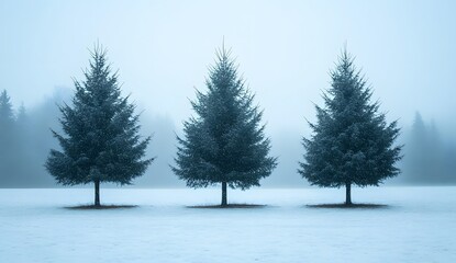 Three pine trees in the middle of a snowy field, a foggy forest in the background, minimalistic photography, a light blue color theme, high-resolution photography.
