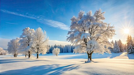 Fototapeta premium Snow covered trees in a picturesque winter landscape, snow, trees, winter, cold, snowy, forest, nature, scenic, white