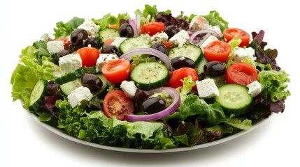 A perfectly assembled Greek salad with mixed greens, tomatoes, cucumber