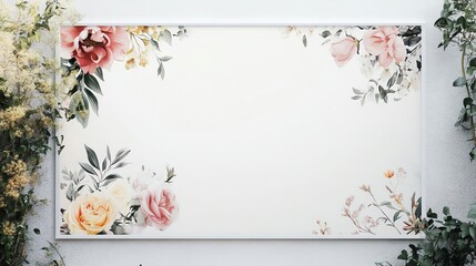 Floral canvas with roses and leaves on white.