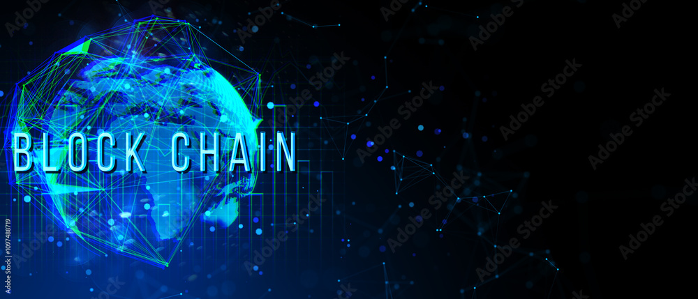 Aufkleber Blockchain hologram concept with global map and data network connections on dark digital backdrop. 3D Rendering